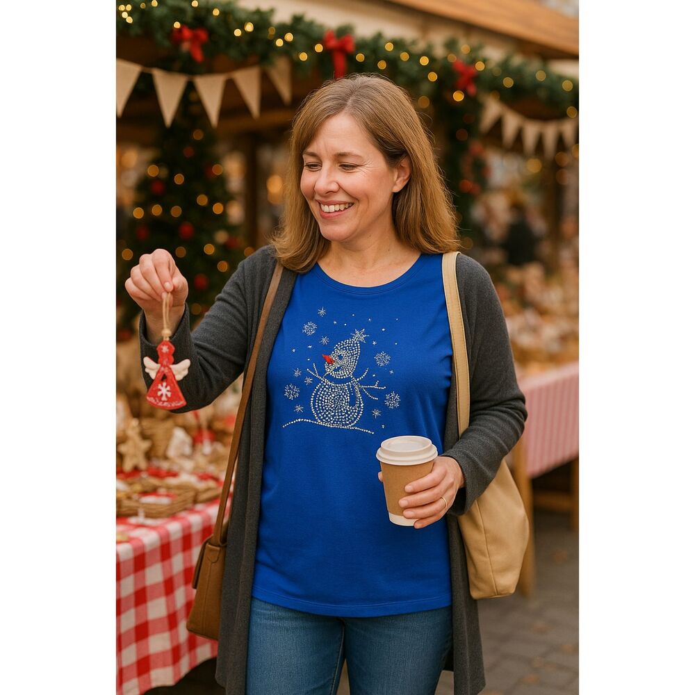 Quacker Factory Top L Blue Beaded Snowman 3/4 Sleeve Winter Holiday Whimsical